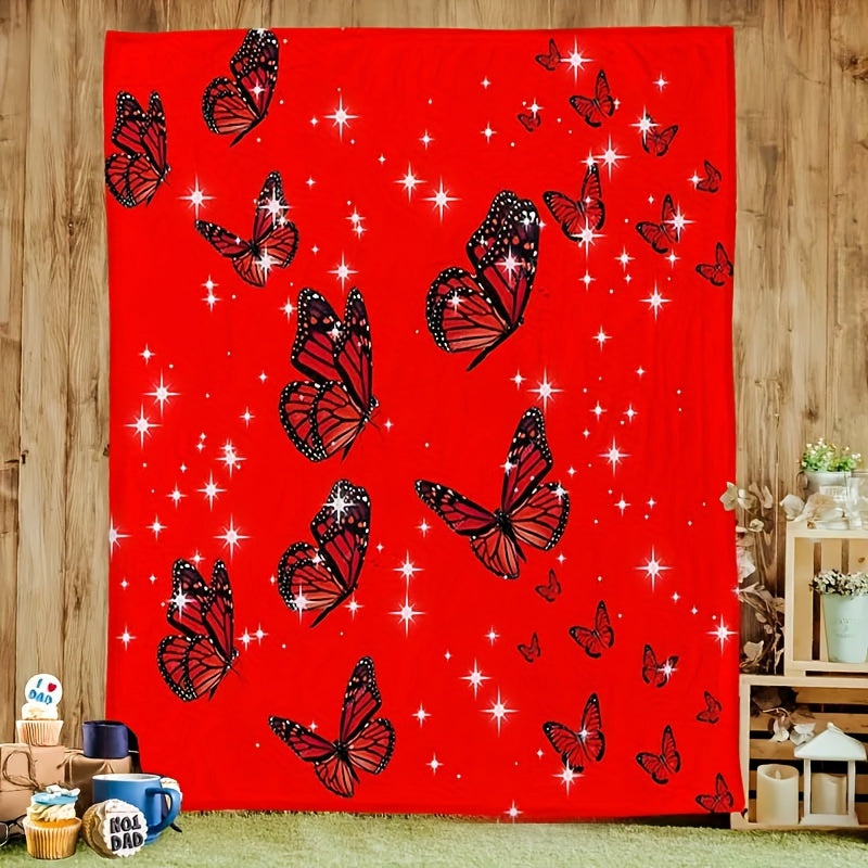 Red Butterfly Wedding Throw - Romantic Flannel Blanket for Bride & Groom, Soft Warm Keepsake Gift, Fall Winter Anniversary or Honeymoon Decor