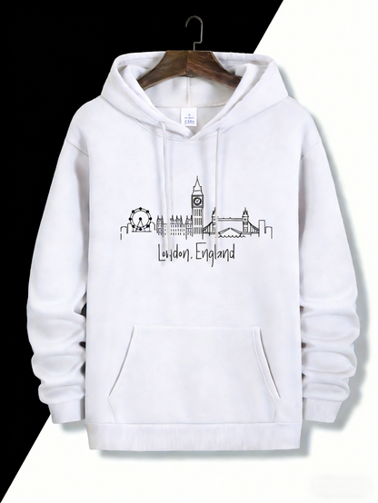 London Skyline Hoodie - City Landmarks & British Typography Graphic | Men‘s Oversized Streetwear Pullover with Kangaroo Pocket
