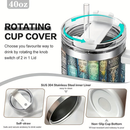 40oz Stainless Steel Car Tumbler - Printed Vibrant Bookshelf Art, Double-Wall Vacuum Insulated Coffee Mug, Christmas Gift