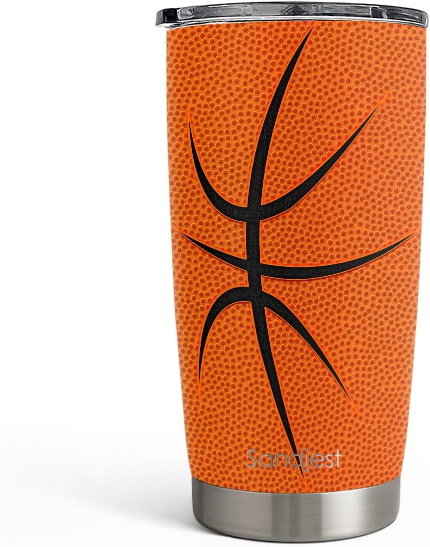 Basketball Insulated Tumbler 20oz - Stainless Steel Travel Mug with Non-Slip Grip, Sport Cup for Games & Training, Gift for Players, Coaches, Fans