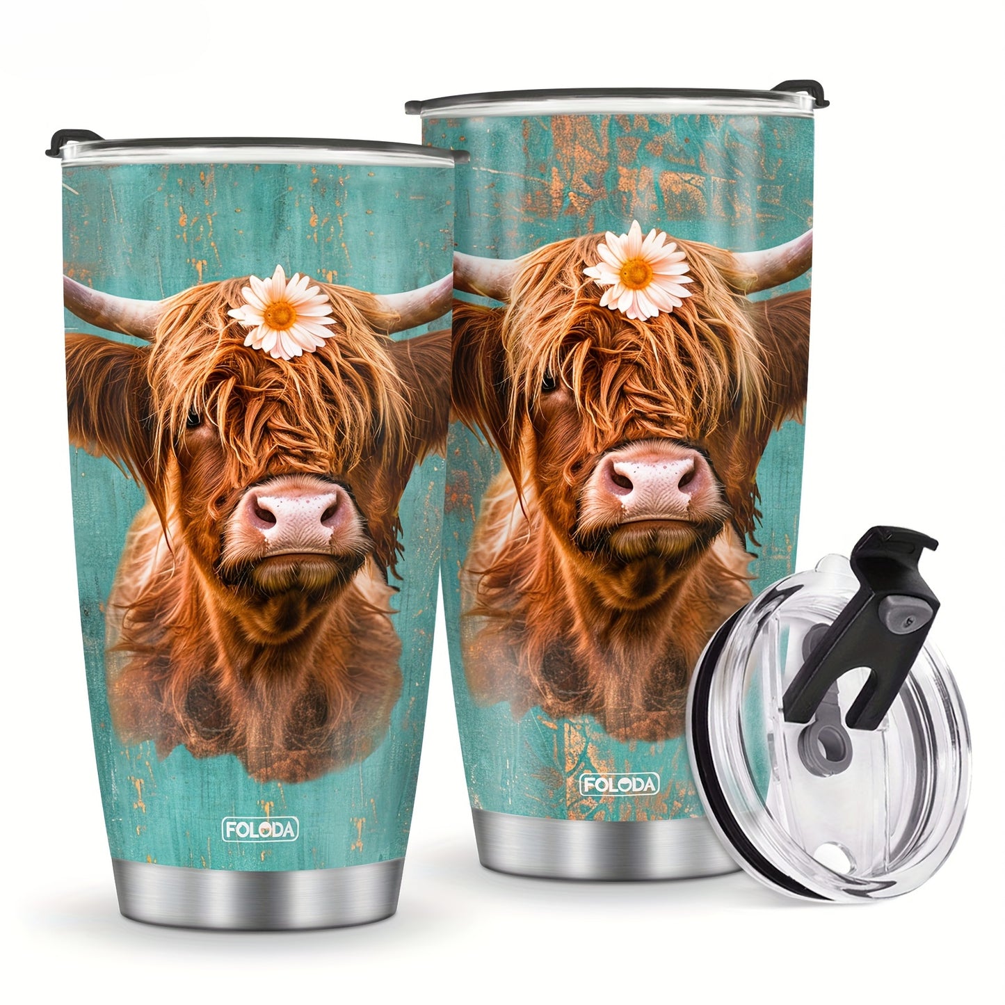 20oz Insulated Stainless Steel Tumbler with Lid - Scottish Highland Cow Design, Oval Shape, 304 Steel - Reusable Travel Mug, Perfect Gift for Cow Lovers & Women, Hand Wash Only