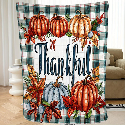 Autumn Harvest Plaid Flannel Blanket - Pumpkin & Leaf in Warm Tones, Cozy Farmhouse Style Birthday Thanksgiving Gift