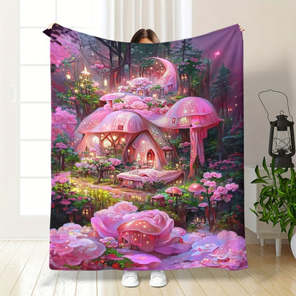 Enchanted Mushroom Castle Flannel Blanket - Fantasy Forest Print, Thick & Tear-Resistant for All Seasons, Perfect for Sofa, Camping, Holiday Gifting
