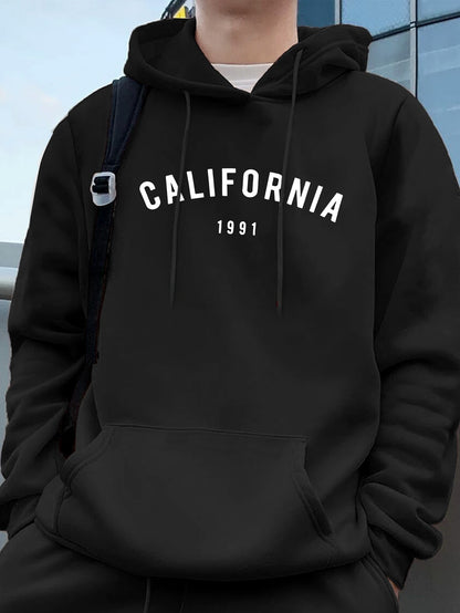 California 1991 Retro Hoodie - Men's Vintage Geometric Pullover, 90s Inspired Streetwear Trend Hooded Sweatshirt
