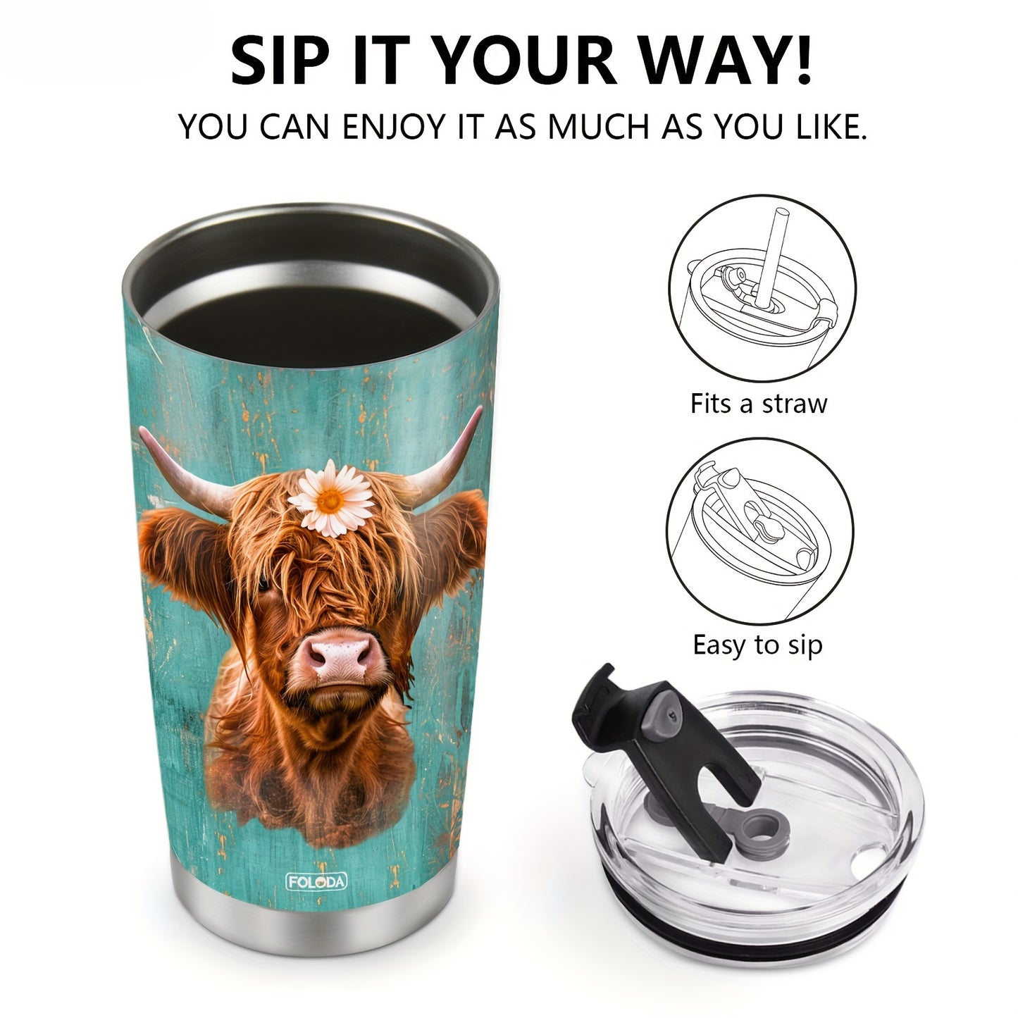 20oz Insulated Stainless Steel Tumbler with Lid - Scottish Highland Cow Design, Oval Shape, 304 Steel - Reusable Travel Mug, Perfect Gift for Cow Lovers & Women, Hand Wash Only
