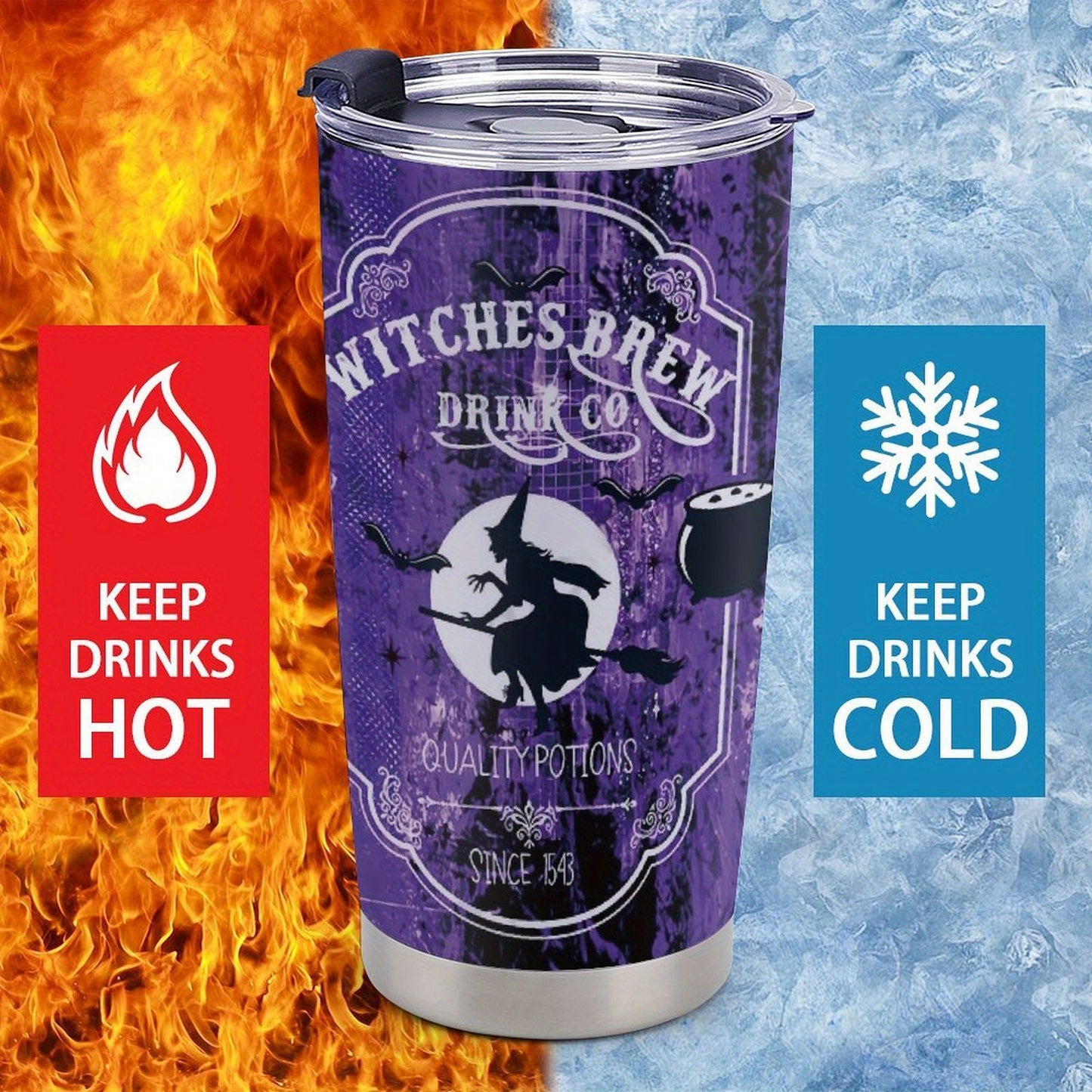 Gothic Witch's Brew Tumbler 20oz - Halloween Insulated Mug with Witch on Broomstick & Cauldron Design, Stainless Steel with Locking Lid & Straw, Spooky Gift