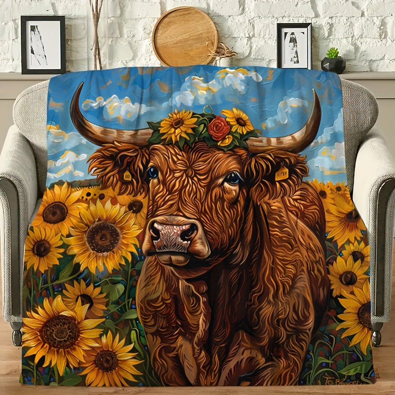 Sunflower & Cow Print Flannel Throw - Farmhouse Chic Blanket, Soft & Warm for Couch, Picnic, All Seasons, Cozy Home Decor and Outdoor Gift