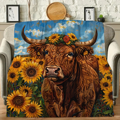 Sunflower & Cow Print Flannel Throw - Farmhouse Chic Blanket, Soft & Warm for Couch, Picnic, All Seasons, Cozy Home Decor and Outdoor Gift
