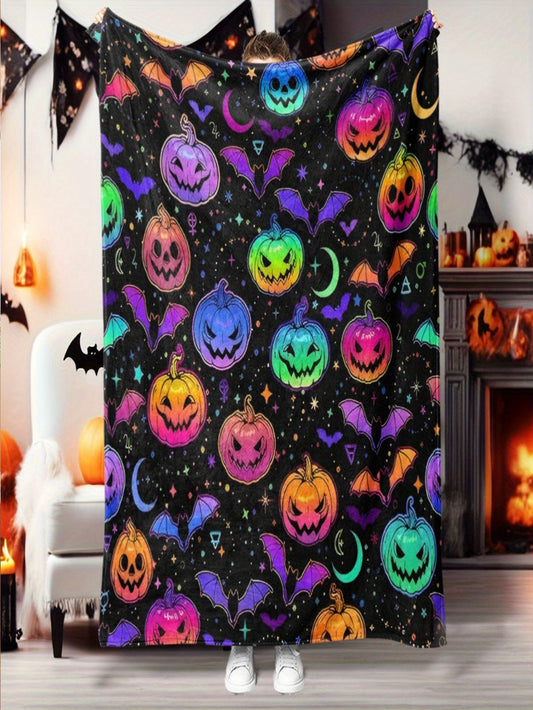 Halloween Pumpkin Bat Throw - Soft Flannel Blanket for All Seasons, Multi-Use for Bed, Sofa, Camping, Festive Gift