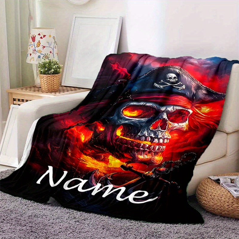 Pirate Skull Flannel Blanket - Custom Gothic Throw with Swords, Ship & Shiny Red Eyes | Personalized Text, All-Season Gift for Gaming Room & Camping