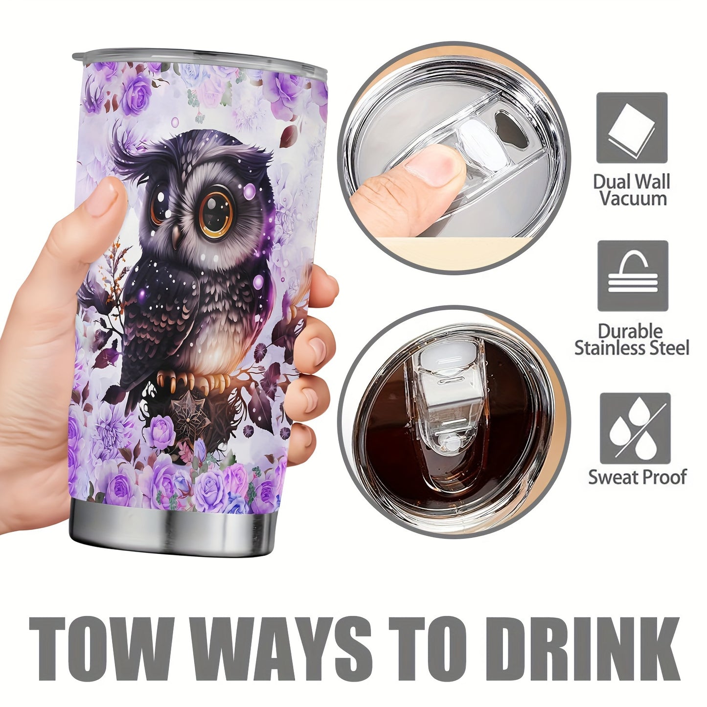 20oz Double-Wall Vacuum Insulated Stainless Steel Tumbler with Lid - Cute Owl Print Design - Keeps Drinks Hot & Cold - Perfect Travel Mug, Tea Cup, Gift
