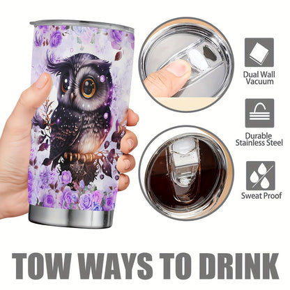20oz Double-Wall Vacuum Insulated Stainless Steel Tumbler with Lid - Cute Owl Print Design - Keeps Drinks Hot & Cold - Perfect Travel Mug, Tea Cup, Gift