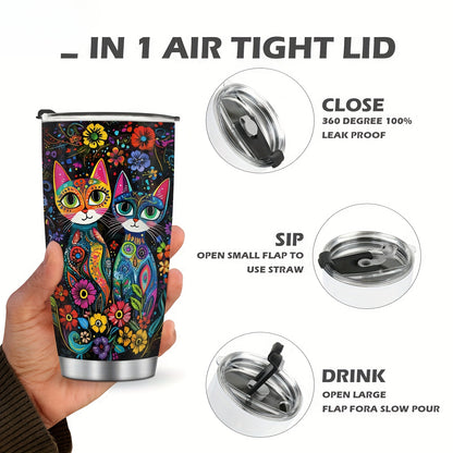 Vintage Cat & Flowers Tumbler - 20oz Retro Insulated Stainless Steel Travel Mug, Leakproof, Reusable Coffee Cup, Perfect Gift for Cat Lovers, Moms, Dads