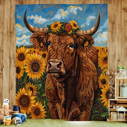 Sunflower & Cow Print Flannel Throw - Farmhouse Chic Blanket, Soft & Warm for Couch, Picnic, All Seasons, Cozy Home Decor and Outdoor Gift