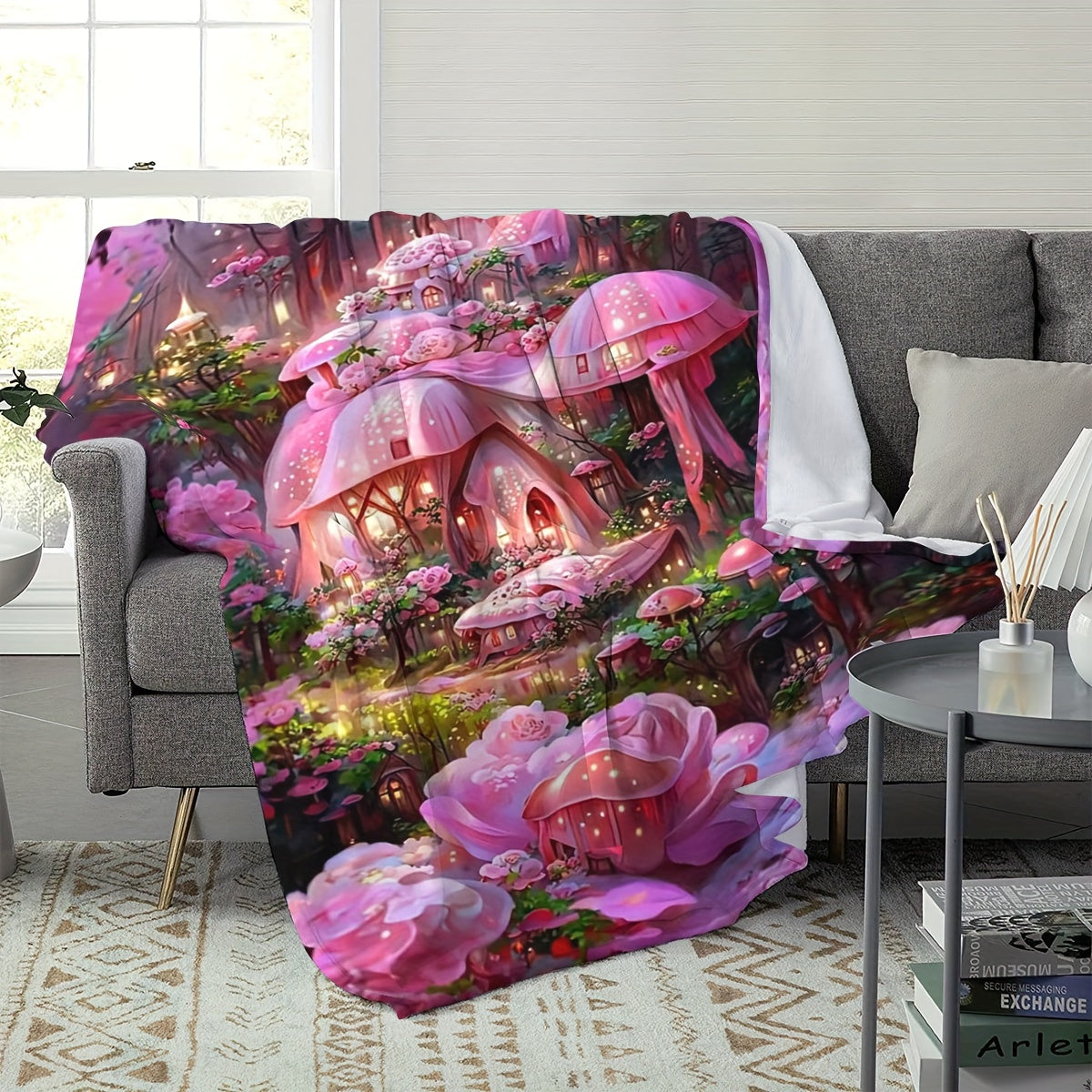 Enchanted Mushroom Castle Flannel Blanket - Fantasy Forest Print, Thick & Tear-Resistant for All Seasons, Perfect for Sofa, Camping, Holiday Gifting