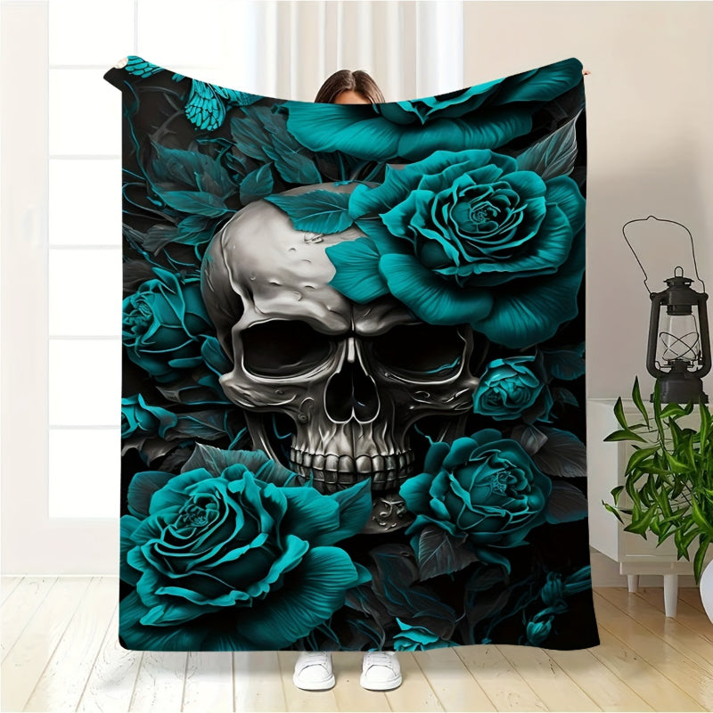 Gothic Skull & Dark Rose Flannel Blanket | Turquoise Accent, Soft All-Season Throw Blankets
