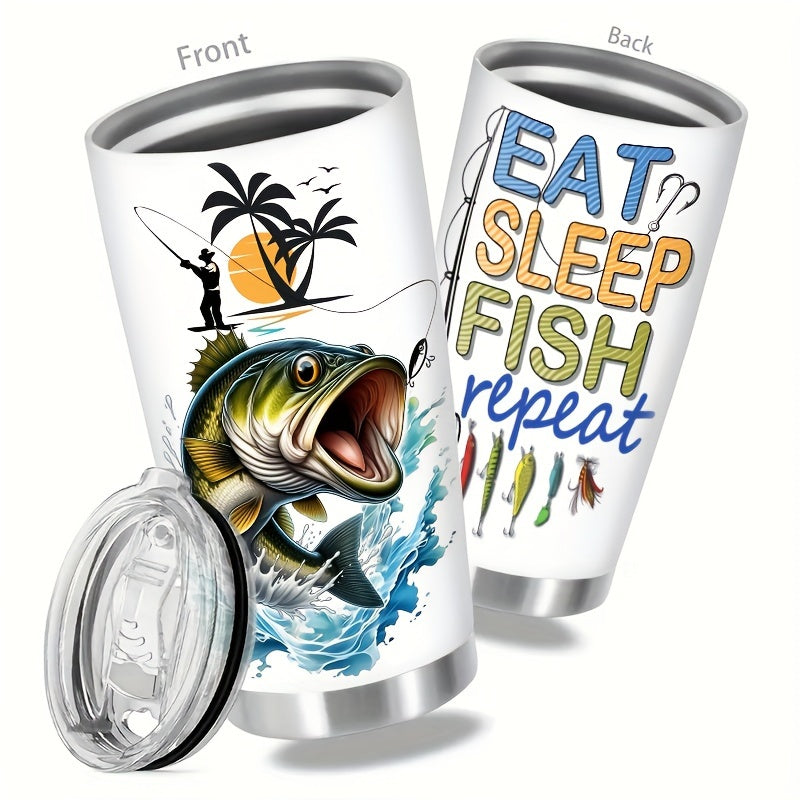 Eat Sleep Fish Repeat 20oz Travel Mug - Insulated Stainless Steel Tumbler with Clear Lid, Double Wall Vacuum for Hot & Cold Drinks - Perfect Fishing Gift for Anglers, Men, Dad - Coffee Tea Outdoor Cup
