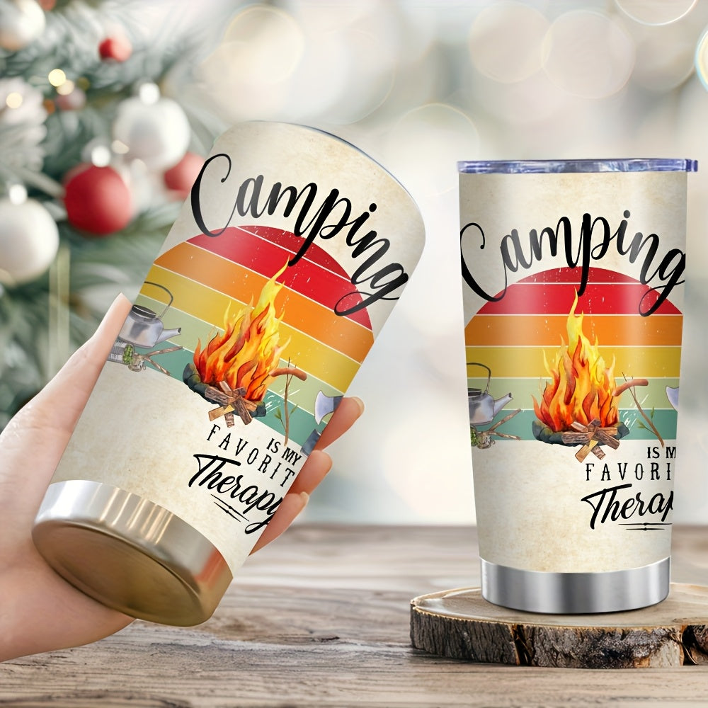 Camping Bonfire Print Tumbler 20oz - Wide Mouth Stainless Steel Insulated Cup, Leak-Proof Lid for Hot & Cold Drinks, Perfect for BBQs, Hiking, Outdoor Gifts