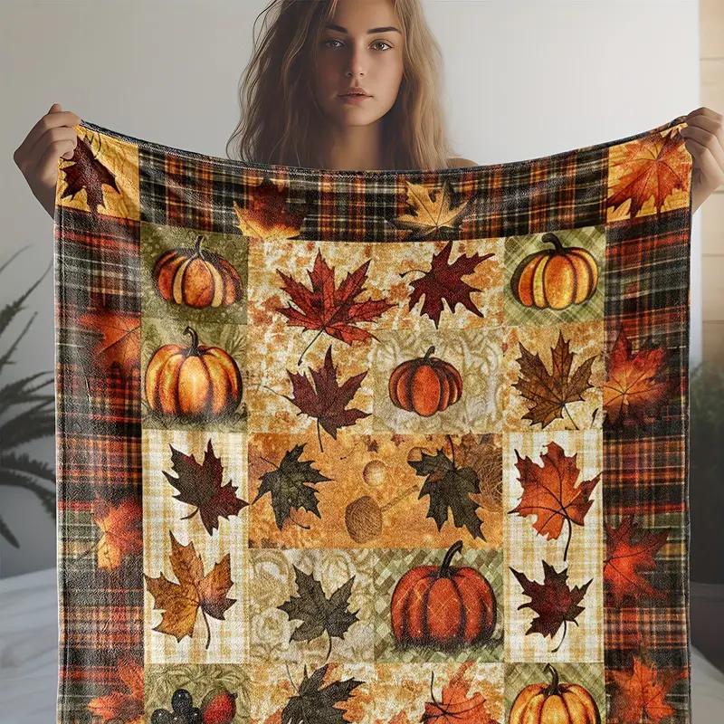 Vintage Maple & Pumpkin Plaid Blanket - Soft Fleece Throw, Machine Washable Warm Gift for Thanksgiving & Christmas