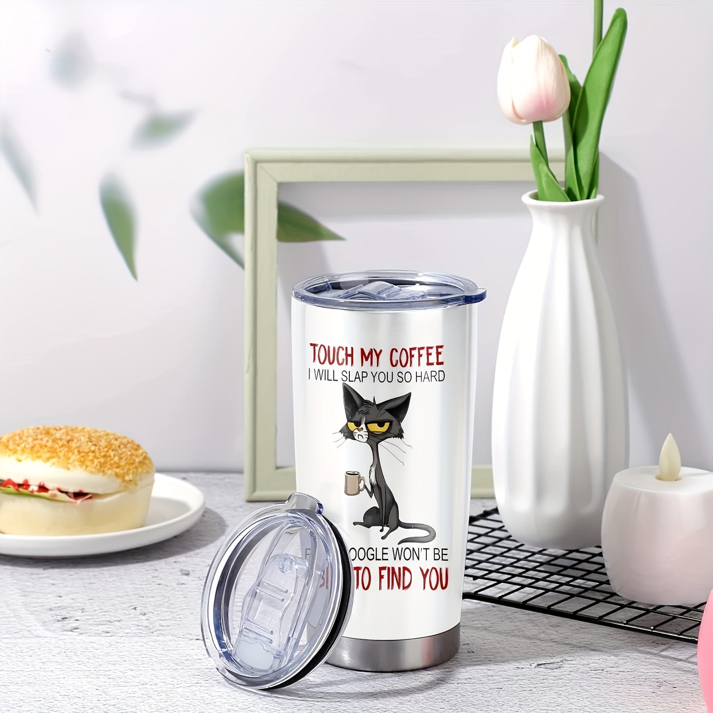 “Touch My Coffee & I’ll Slap You” Cat Tumbler 20oz - Funny Coffee Lover Mug with Feline Graphic | Double Wall Insulated Stainless Steel Cup