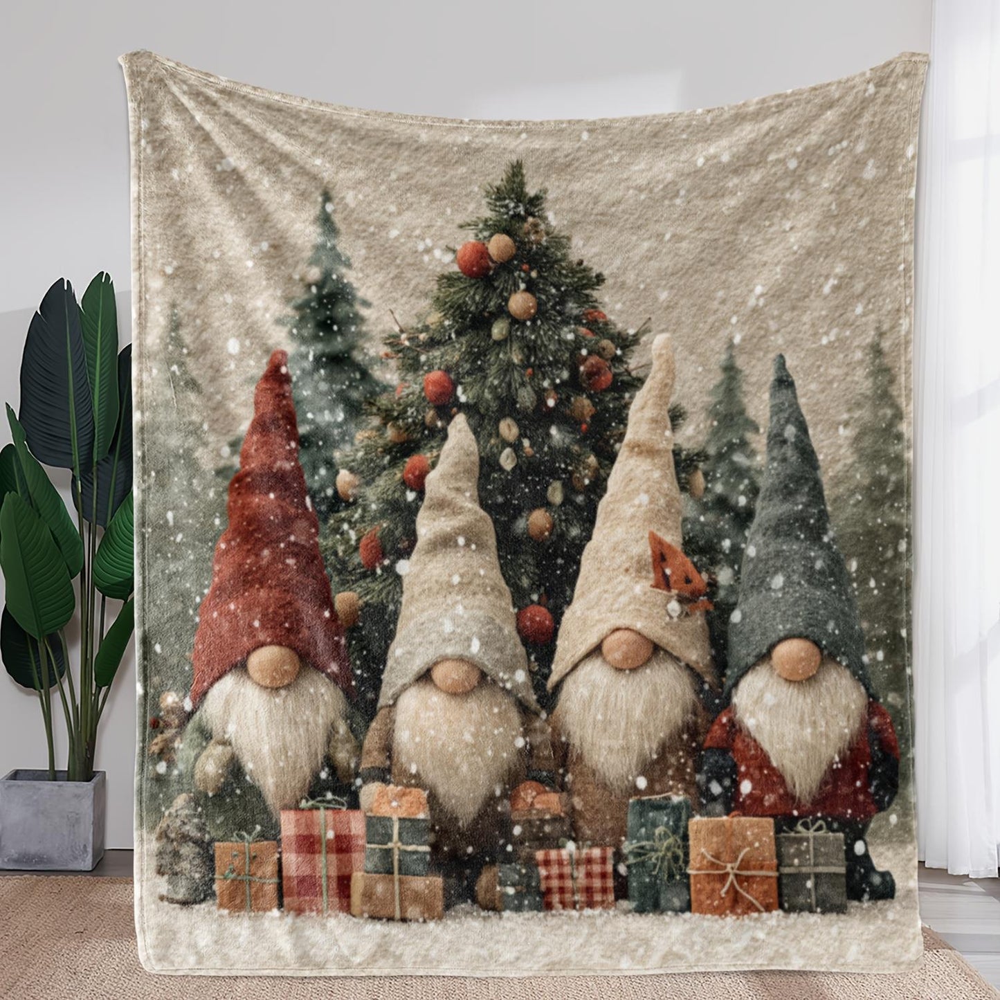 Gnome Village Storybook Throw - Whimsical Crew on Festive Flannel, Discover Snow & Trees, Cozy Holiday Gift for Family