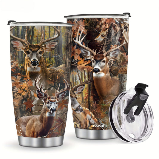 20oz Deer Hunting Tumbler Cup - Insulated Stainless Steel Travel Mug for Men | Gift for Dad, Husband, Papa on Christmas, Birthday, Valentines Day | Reusable Coffee Cup with Lid
