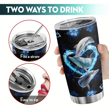Ocean’s Embrace Dolphin Tumbler – 20oz Stainless Steel with Heart Design, Whimsical Gift for Dolphin Lovers