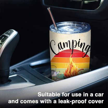 Camping Bonfire Print Tumbler 20oz - Wide Mouth Stainless Steel Insulated Cup, Leak-Proof Lid for Hot & Cold Drinks, Perfect for BBQs, Hiking, Outdoor Gifts
