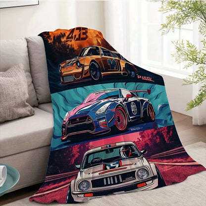 Automotive Enthusiast Quilt - Modern Flannel Bedspread with Sports Car Patterns, Soft, All-Season & Machine Washable, Statement Piece for Man Cave