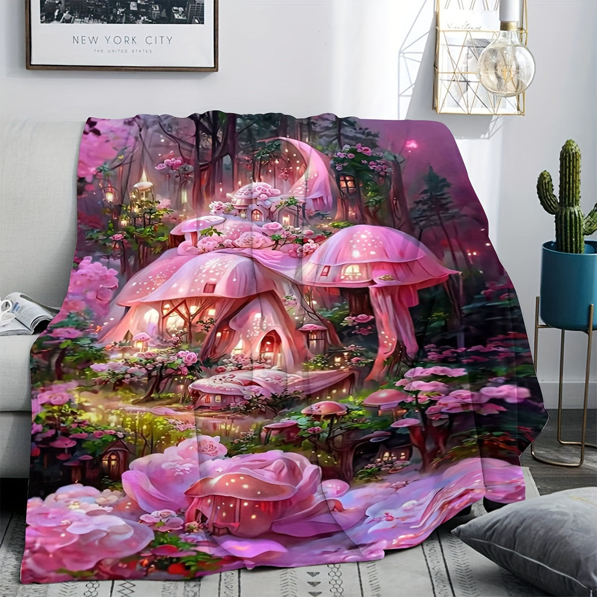 Enchanted Mushroom Castle Flannel Blanket - Fantasy Forest Print, Thick & Tear-Resistant for All Seasons, Perfect for Sofa, Camping, Holiday Gifting
