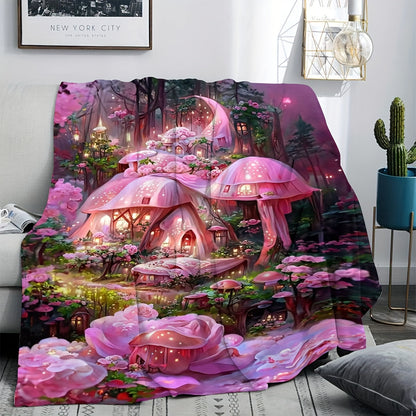 Enchanted Mushroom Castle Flannel Blanket - Fantasy Forest Print, Thick & Tear-Resistant for All Seasons, Perfect for Sofa, Camping, Holiday Gifting