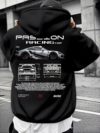 Men's Technical Aesthetic Hoodie - Racing Inspired Graphic, Precision Engineering Top