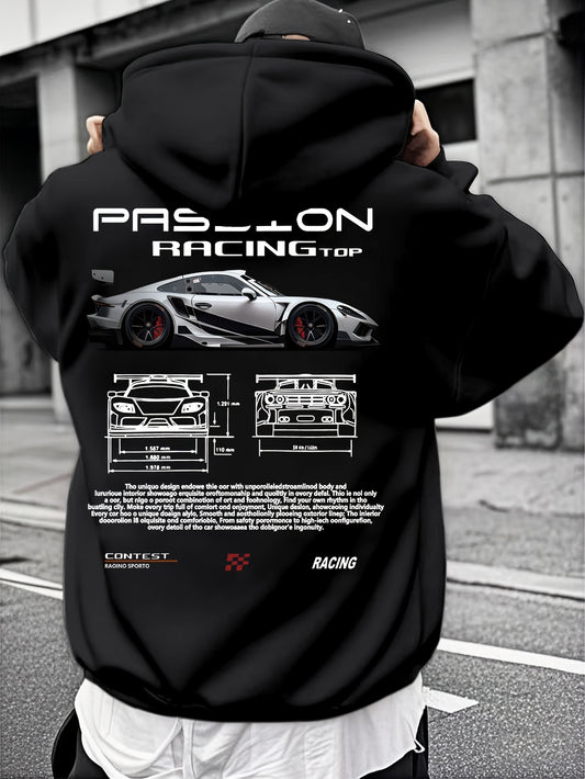 Men's Technical Aesthetic Hoodie - Racing Inspired Graphic, Precision Engineering Top