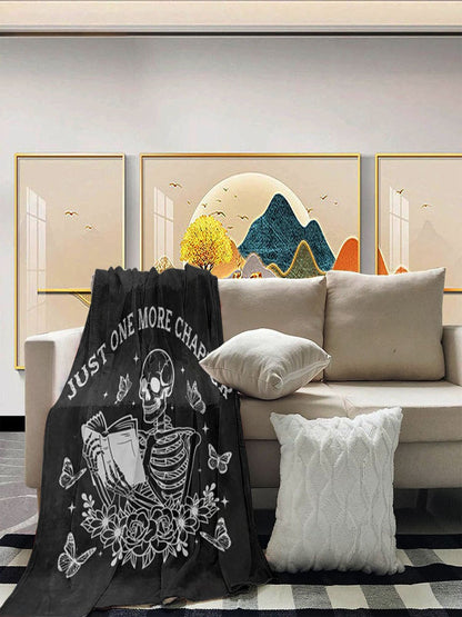 Book Lover's Skull Throw Blankets - Literary Design Flannel Blanket, Soft for Reading Nook, Bed, Sofa, Washable Gift