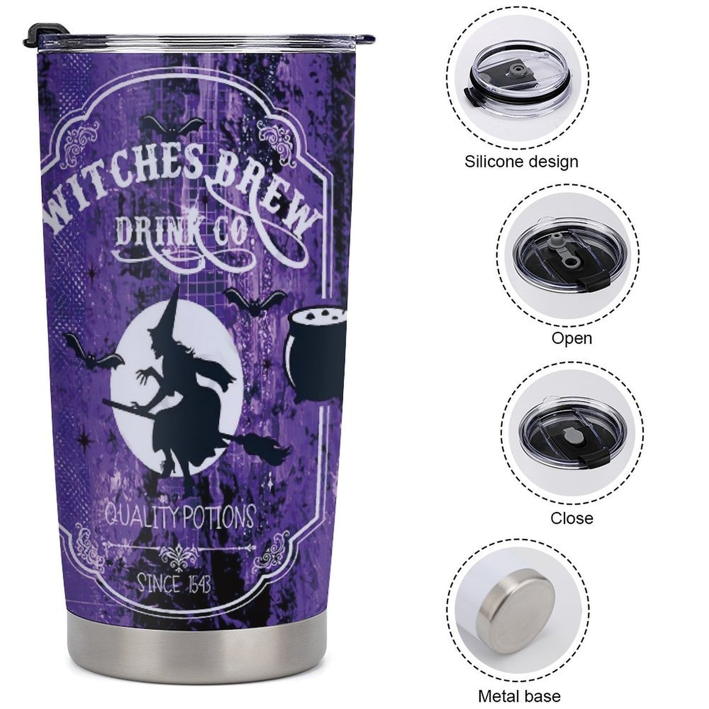 Gothic Witch's Brew Tumbler 20oz - Halloween Insulated Mug with Witch on Broomstick & Cauldron Design, Stainless Steel with Locking Lid & Straw, Spooky Gift