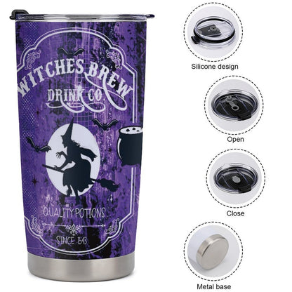 Gothic Witch's Brew Tumbler 20oz - Halloween Insulated Mug with Witch on Broomstick & Cauldron Design, Stainless Steel with Locking Lid & Straw, Spooky Gift