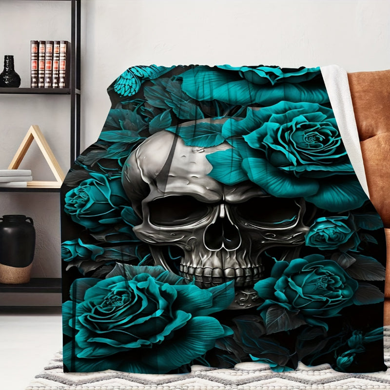 Gothic Skull & Dark Rose Flannel Blanket | Turquoise Accent, Soft All-Season Throw Blankets
