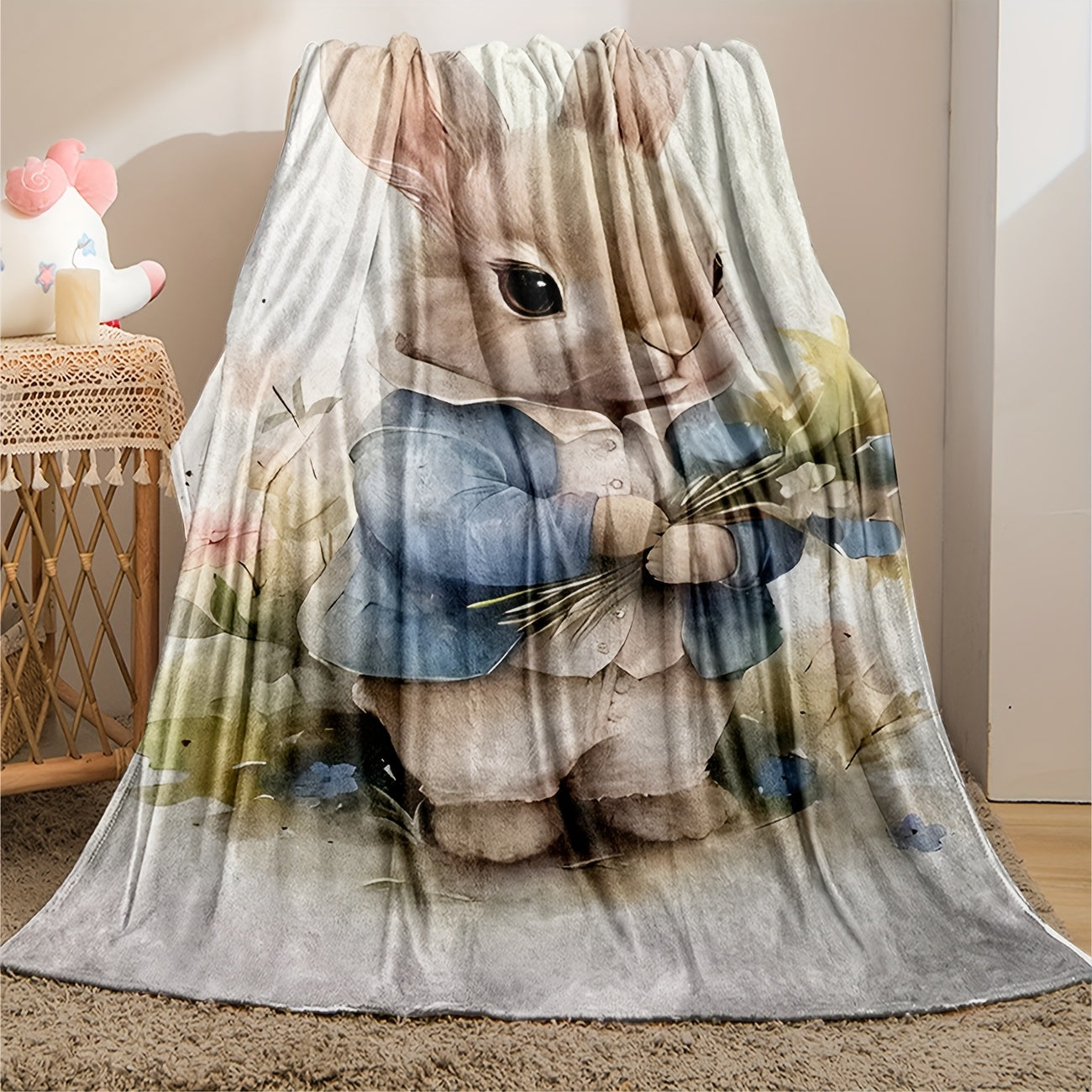 Rabbit Print Flannel Throw Blankets - Adorable & Lightweight Blanket for Kids and Adults | Soft Multi-Scene Gift for Nursery, Home, and Cozy Comfort