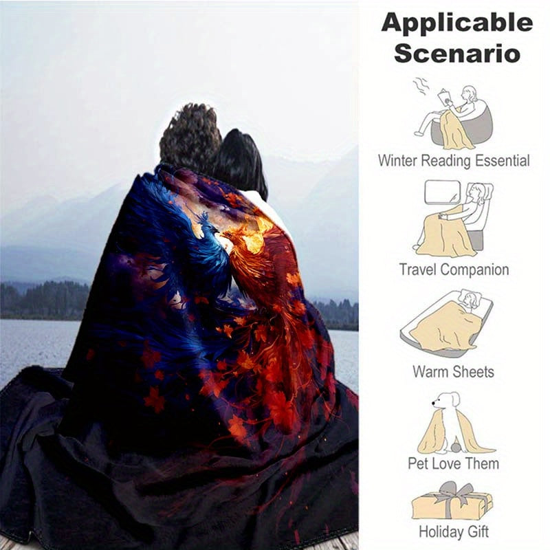 Yin Yang & Phoenix Flannel Throw - Harmonious Balance Blanket with Mythical Design | Lightweight, Soft Gift for Meditation, Home Decor, and Spiritual Comfort