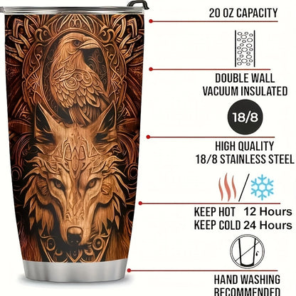 Viking Wolf & Raven Art Tumbler - 20oz Stainless Steel Insulated Cup, Dishwasher Safe & Shatterproof - Perfect Coffee Mug for Home, Travel, and Holiday Gifts (Christmas, Halloween, Easter)