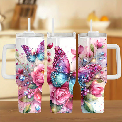 40oz Stainless Steel Tumbler with Straw & Handle - Large Vacuum Insulated Cup for Hot/Cold Drinks, Perfect Gift for Her, Travel & Outdoor