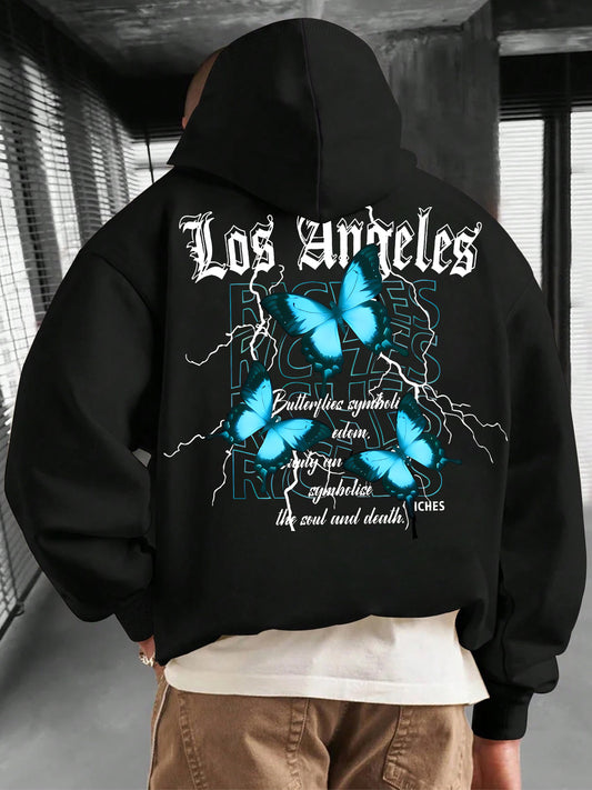 Men's Graphic Hoodie - Butterfly Print Streetwear Pullover with Kangaroo Pocket, Casual Soft Cotton Sweatshirt for Men