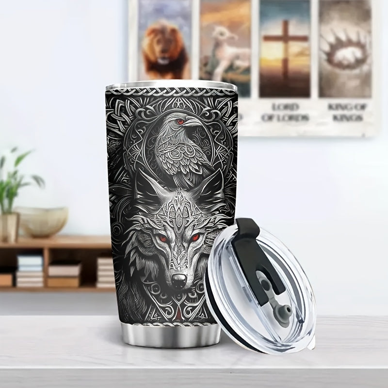 Viking Themed Insulated Tumbler 20oz - Stainless Steel Travel Mug with Wolf & Celtic Knot, Double-Wall Hot Cold Cup, Durable Gift for Him