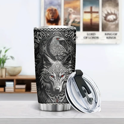 Viking Themed Insulated Tumbler 20oz - Stainless Steel Travel Mug with Wolf & Celtic Knot, Double-Wall Hot Cold Cup, Durable Gift for Him