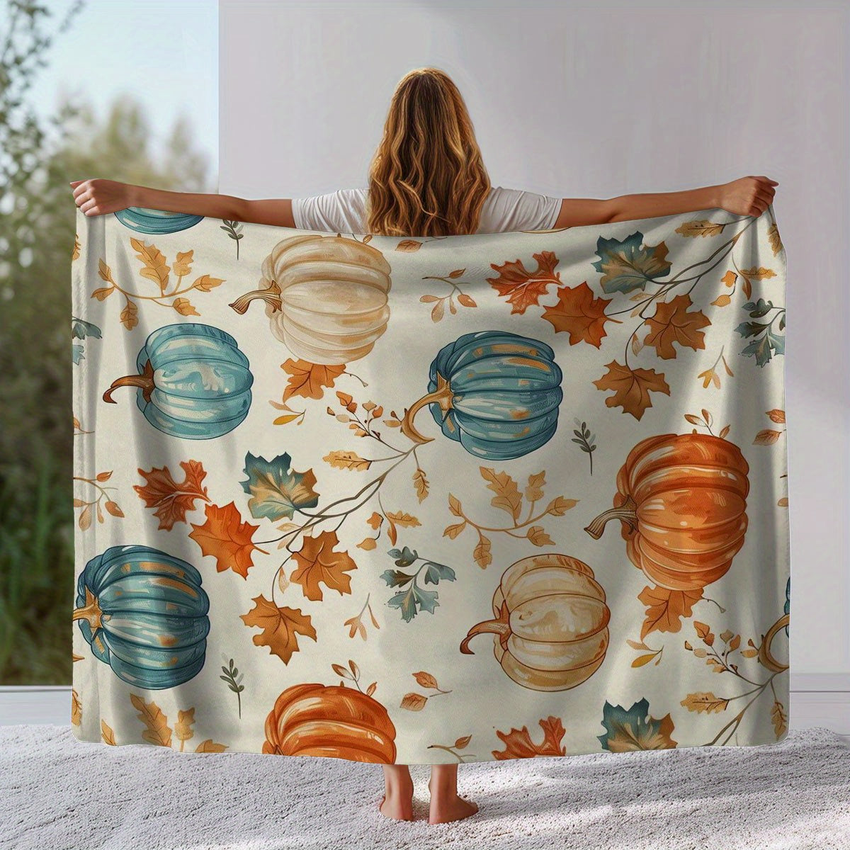 Autumn Harvest Flannel Throw Blanket | Cozy Pumpkin & Leaf Print Blankets for Home, Travel & Gifting