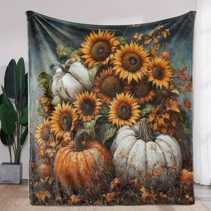 Sunflower & Pumpkin Harvest Flannel Blanket - Warm Beige & Gold Rustic Farmhouse Throw for Sofa, Bed, Camping