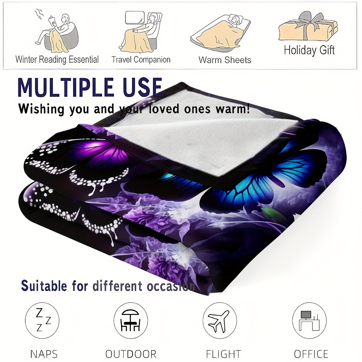 Butterfly Purple Floral Flannel Blanket - Enchanted Garden Print, Lightweight & All-Season for Boho Bedroom, Picnics, Festival & Cozy Camping