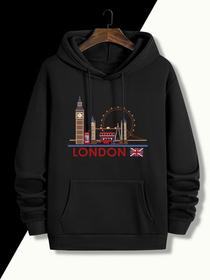 London Cityscape Hoodie for Men - Big Ben & Landmark Skyline Graphic Print | Oversized Casual Streetwear with Kangaroo Pocket