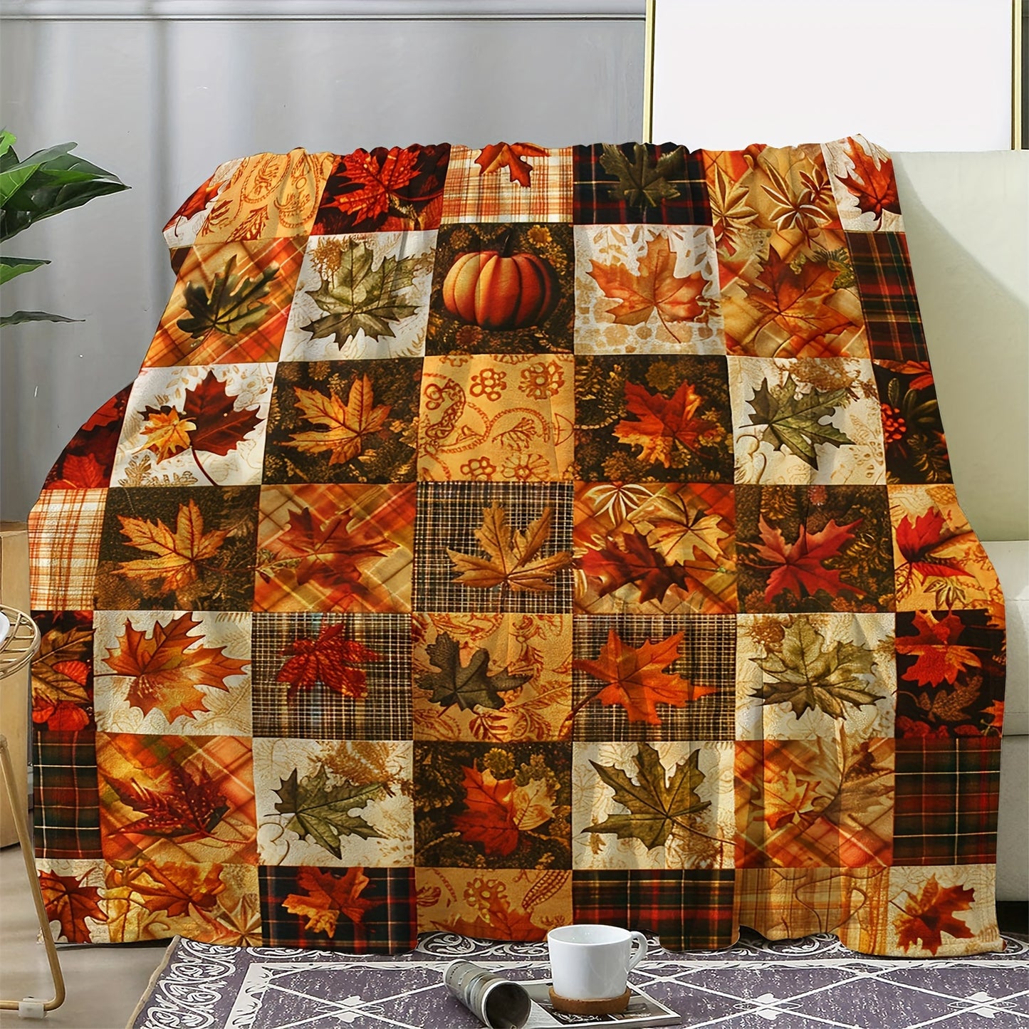 Patchwork Plaid Flannel Blanket - Fall Leaf Print, All-Season Soft Throw for Sofa, Bed & Housewarming Gift
