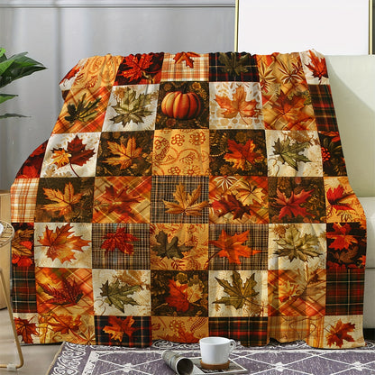 Patchwork Plaid Flannel Blanket - Fall Leaf Print, All-Season Soft Throw for Sofa, Bed & Housewarming Gift
